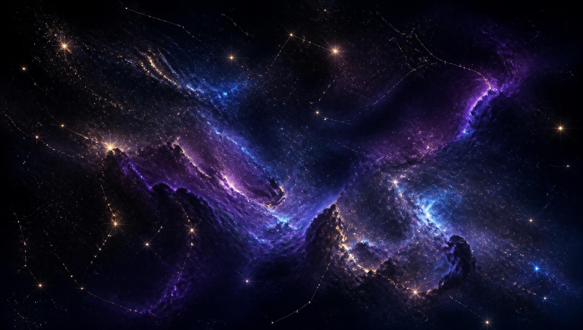 Deep space nebula with golden constellation lines